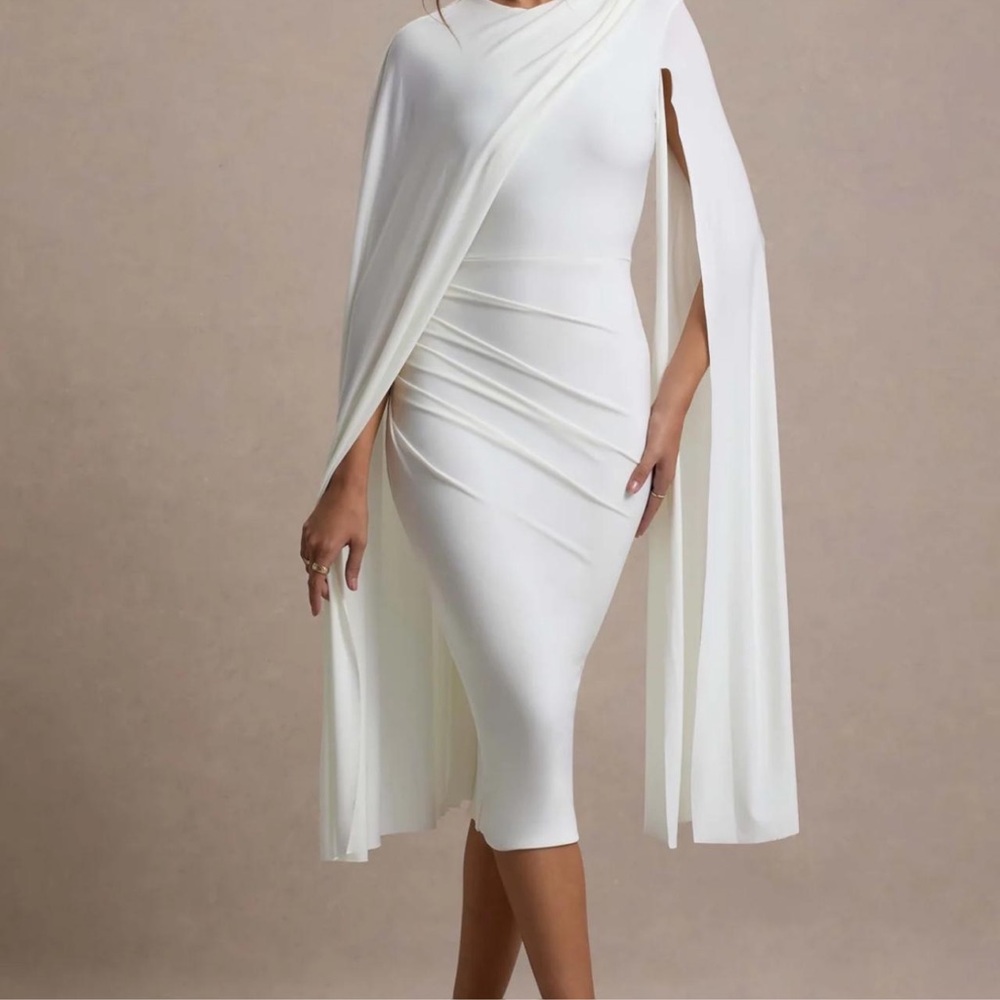 Club L London White Asymmetrical Cape Midi Dress